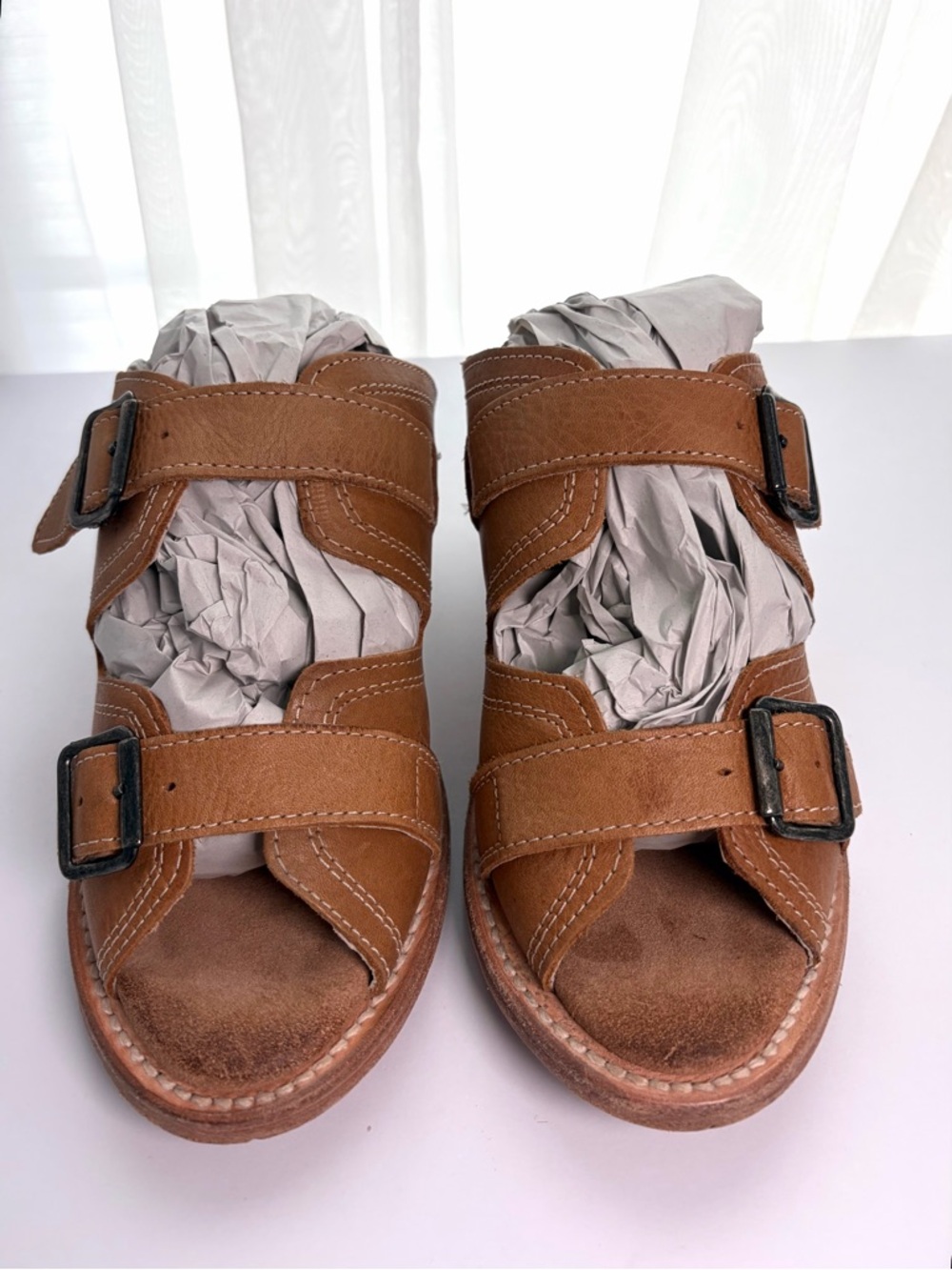 Freebies Tan Leather Two-Buckle Slide Sandals
